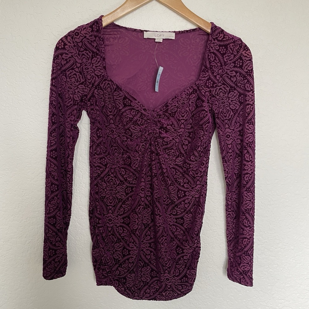 LOFT Women's M Petite Burgundy Velvet Burnout Top Long Sleeve Dark Fairy Whitchy
